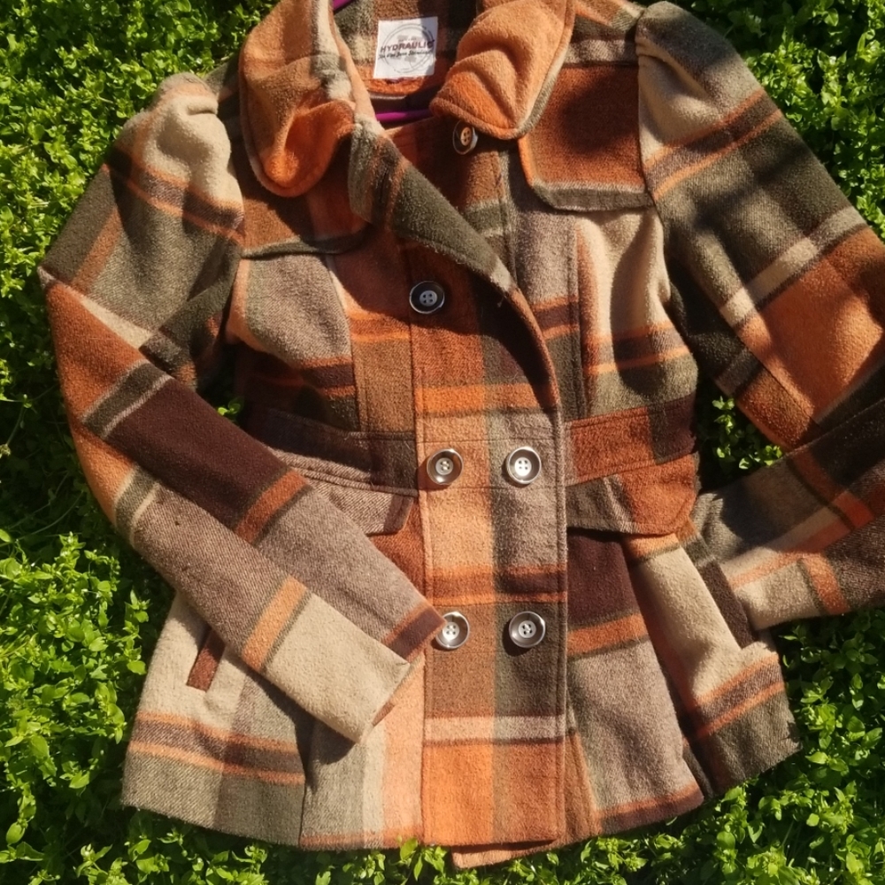 Retro Orange and Brown Plaid Short Peacoat